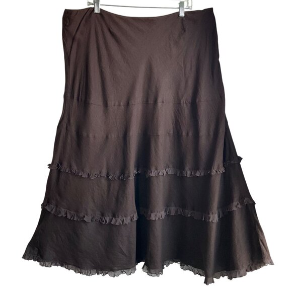 VTG NY C. 2X Brown Tiered Ruffle Midi Skirt Linen Cotton Flowy A-Line Boho Fairy - Picture 1 of 14